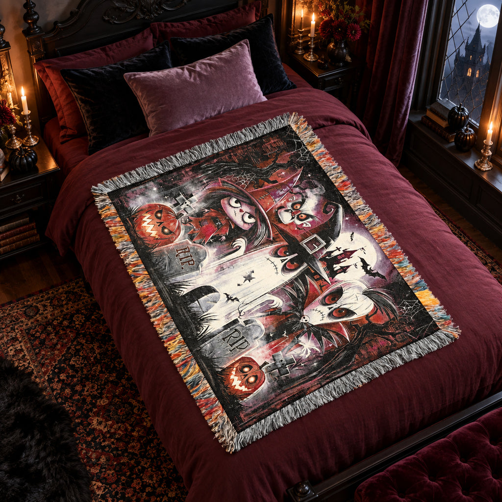 Cute Gothic Halloween Woven Blanket with Ghosts, Witch, Pumpkins and Haunted Castle