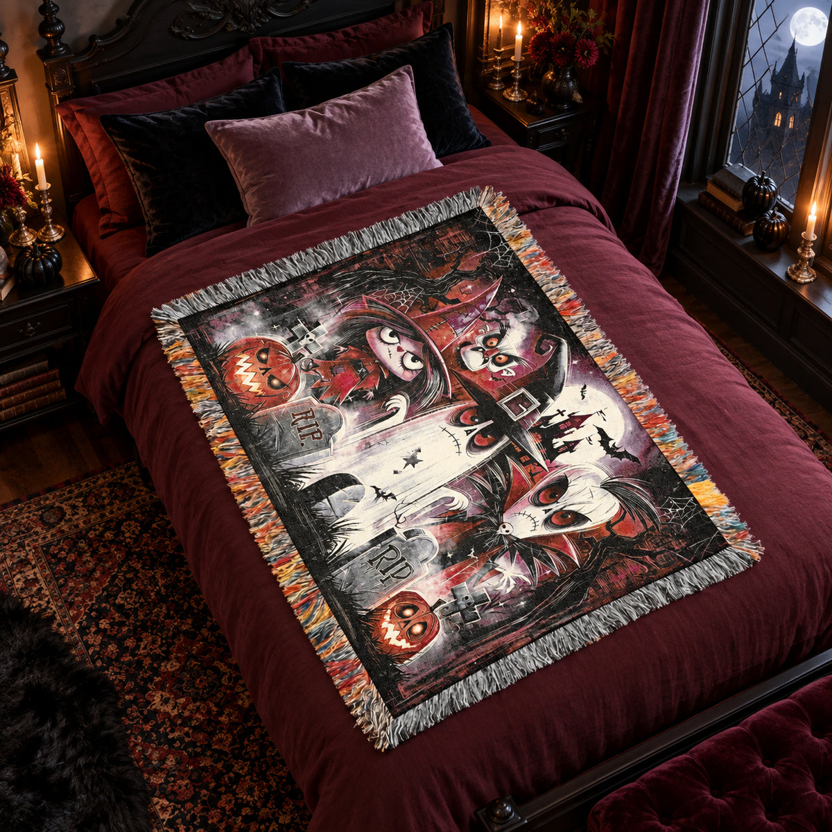 Cute Gothic Halloween Woven Blanket with Ghosts, Witch, Pumpkins and Haunted Castle
