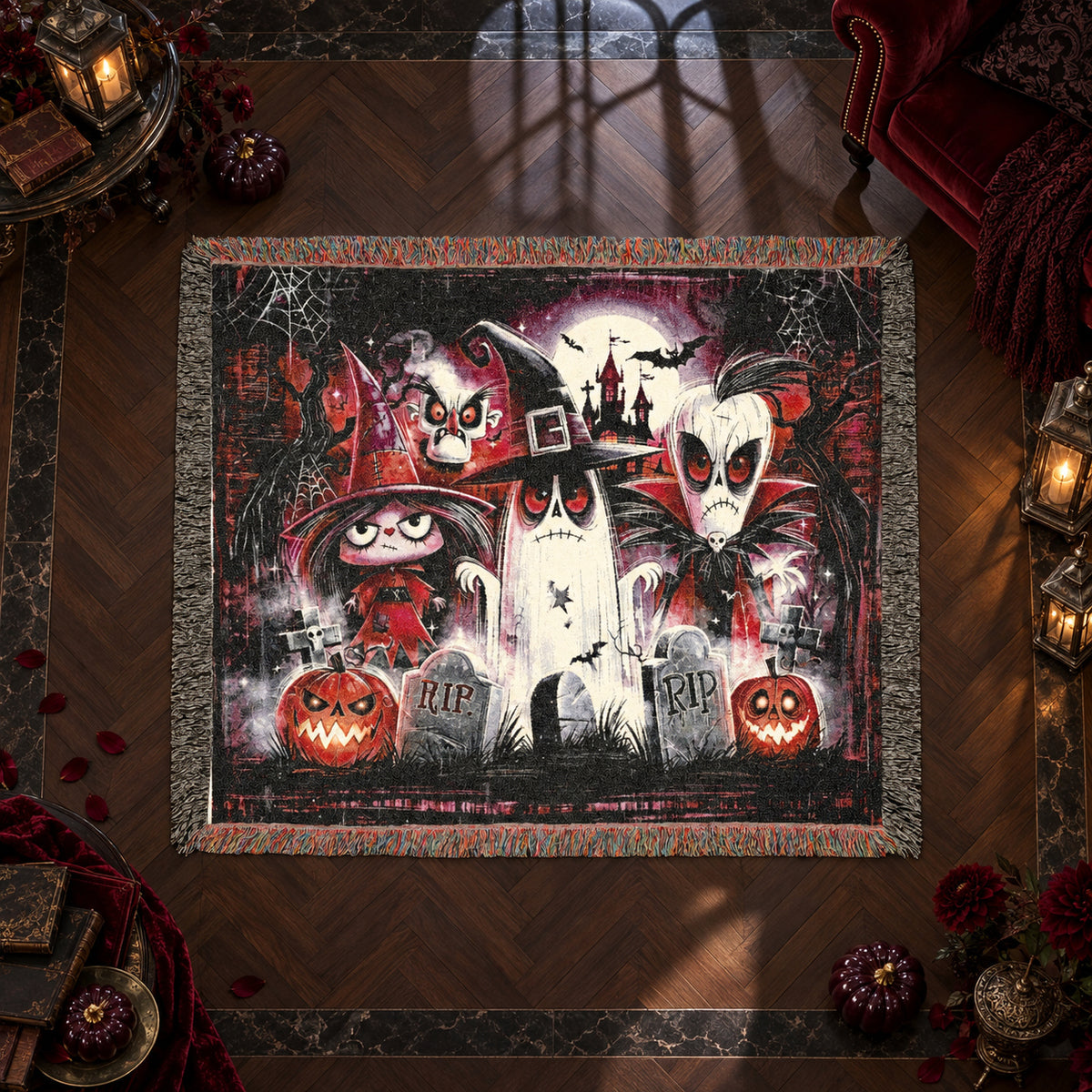Cute Gothic Halloween Woven Blanket with Ghosts, Witch, Pumpkins and Haunted Castle