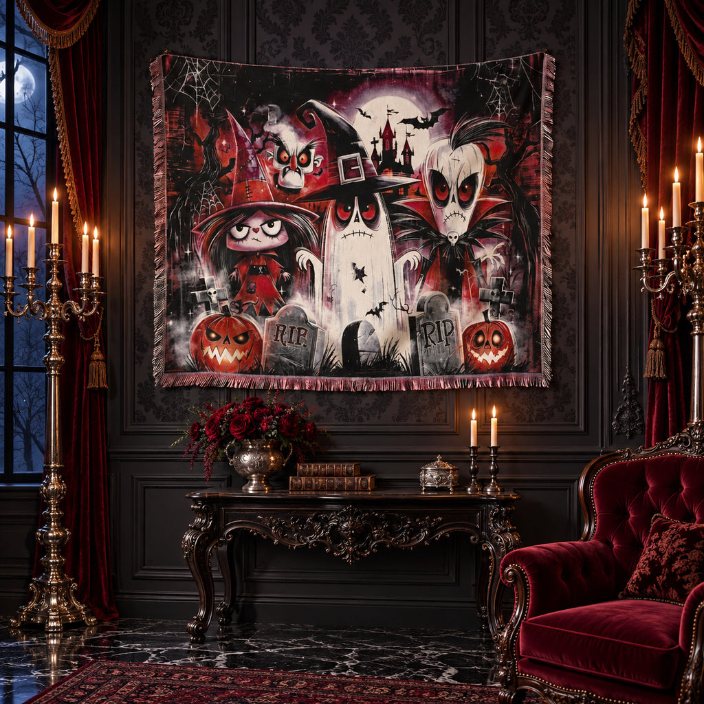 Cute Gothic Halloween Woven Blanket with Ghosts, Witch, Pumpkins and Haunted Castle