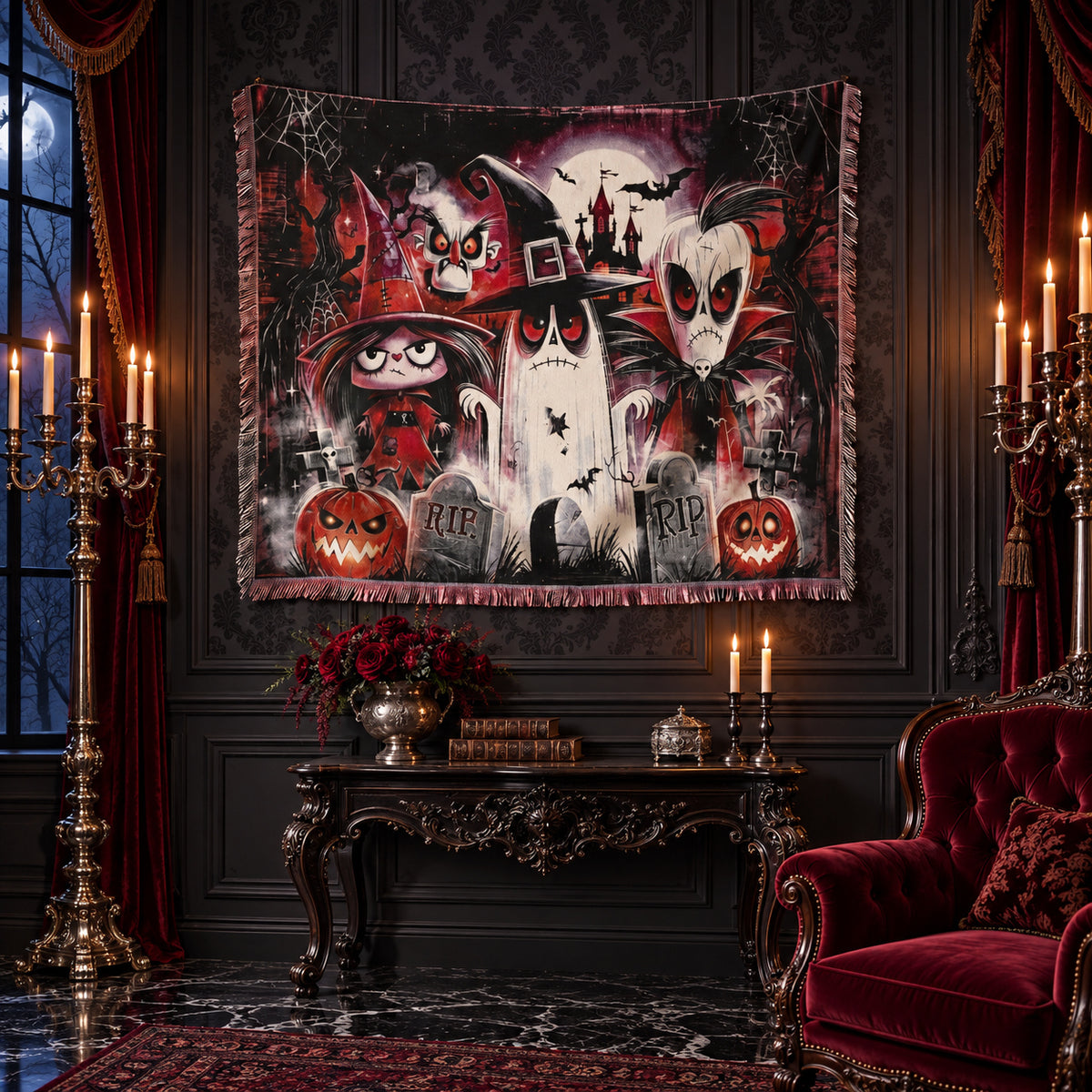 Cute Gothic Halloween Woven Blanket with Ghosts, Witch, Pumpkins and Haunted Castle
