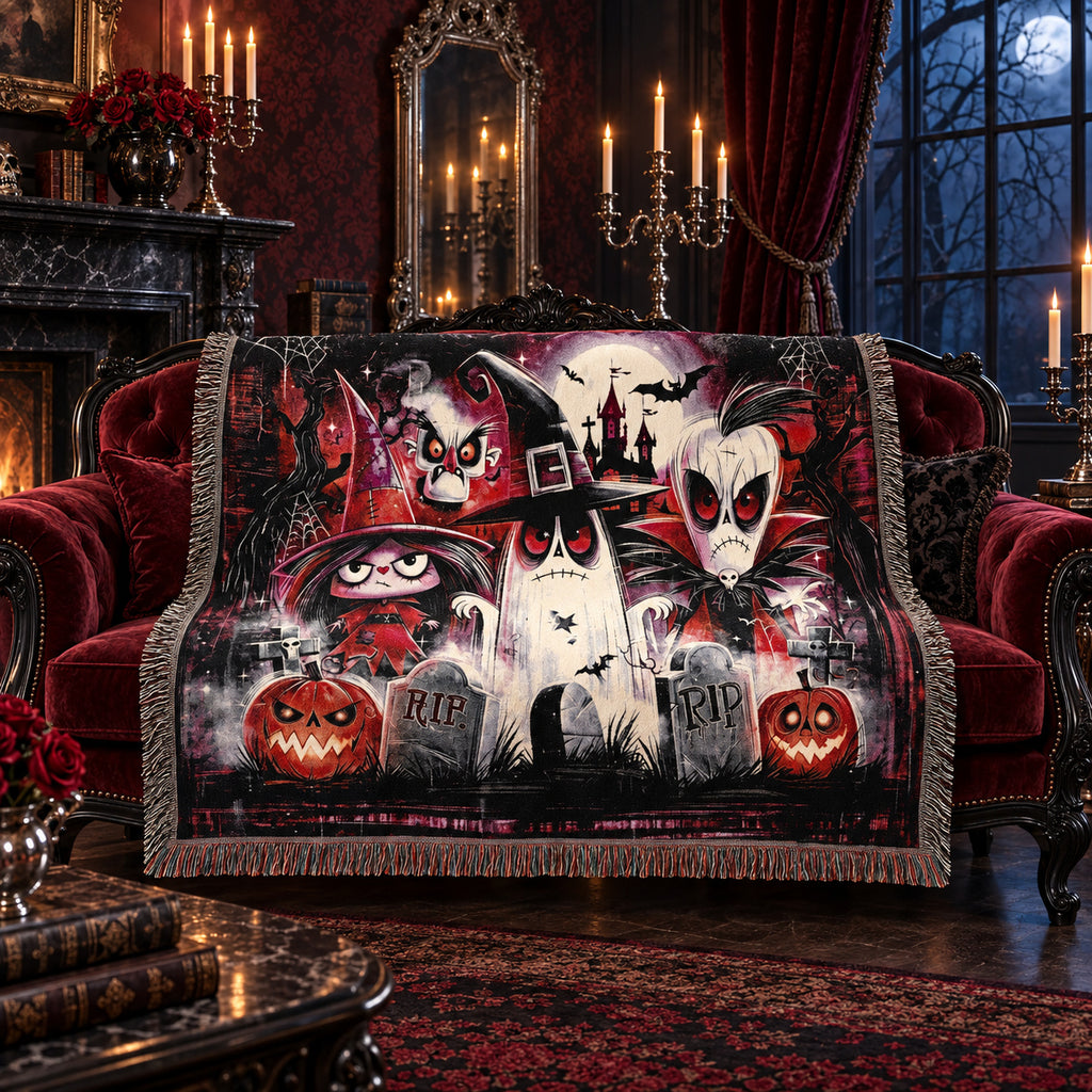 Cute Gothic Halloween Woven Blanket with Ghosts, Witch, Pumpkins and Haunted Castle