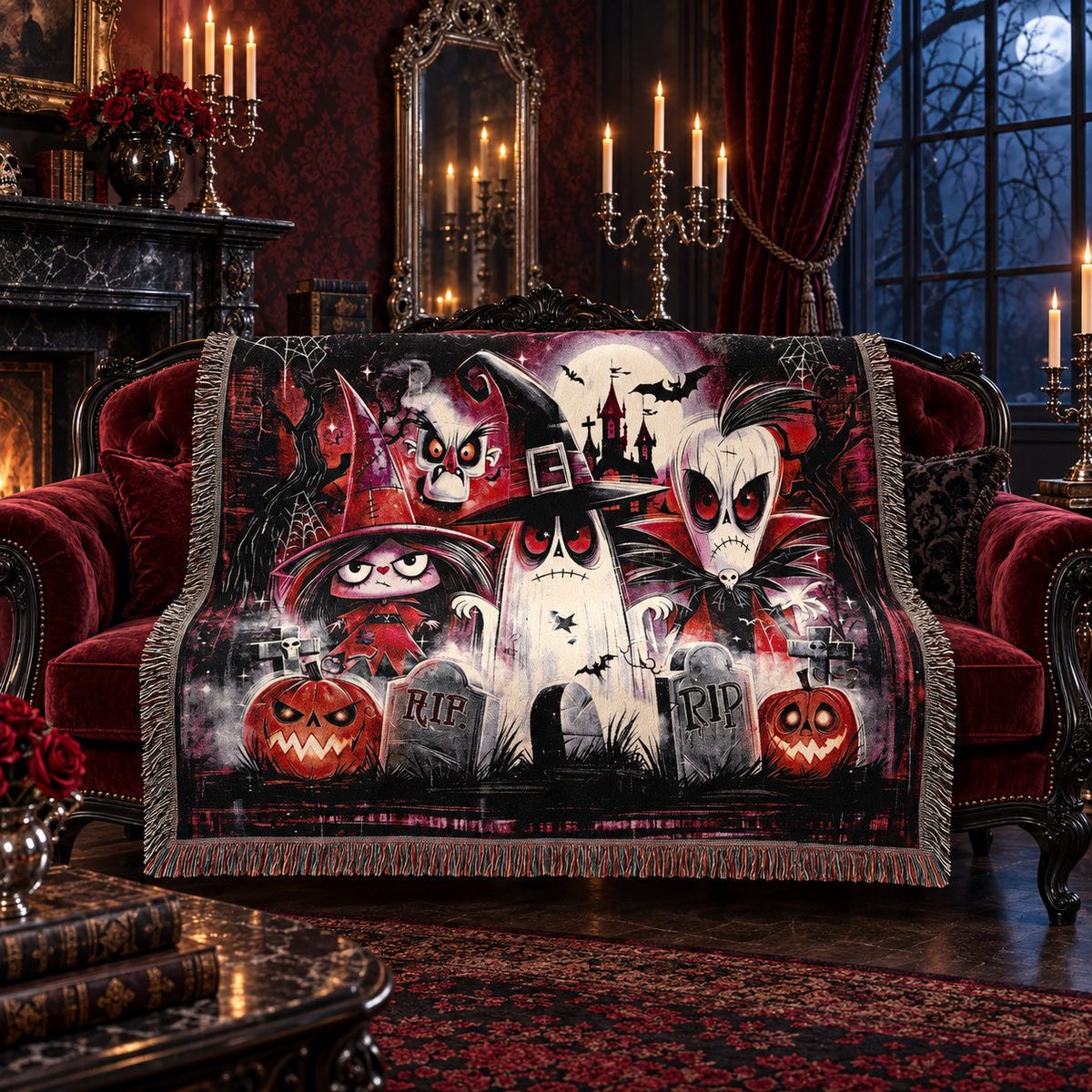 Cute Gothic Halloween Woven Blanket with Ghosts, Witch, Pumpkins and Haunted Castle