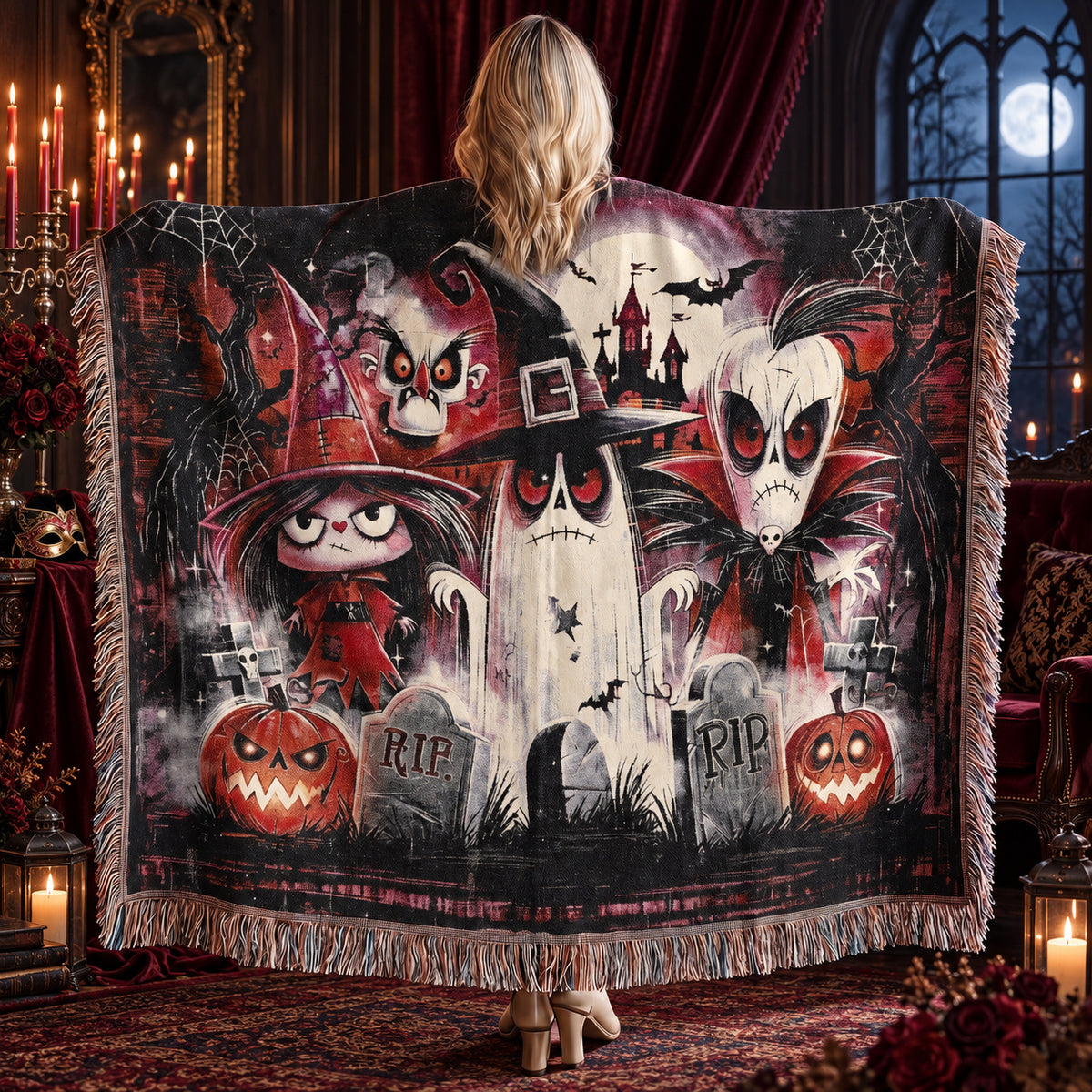 Cute Gothic Halloween Woven Blanket with Ghosts, Witch, Pumpkins and Haunted Castle