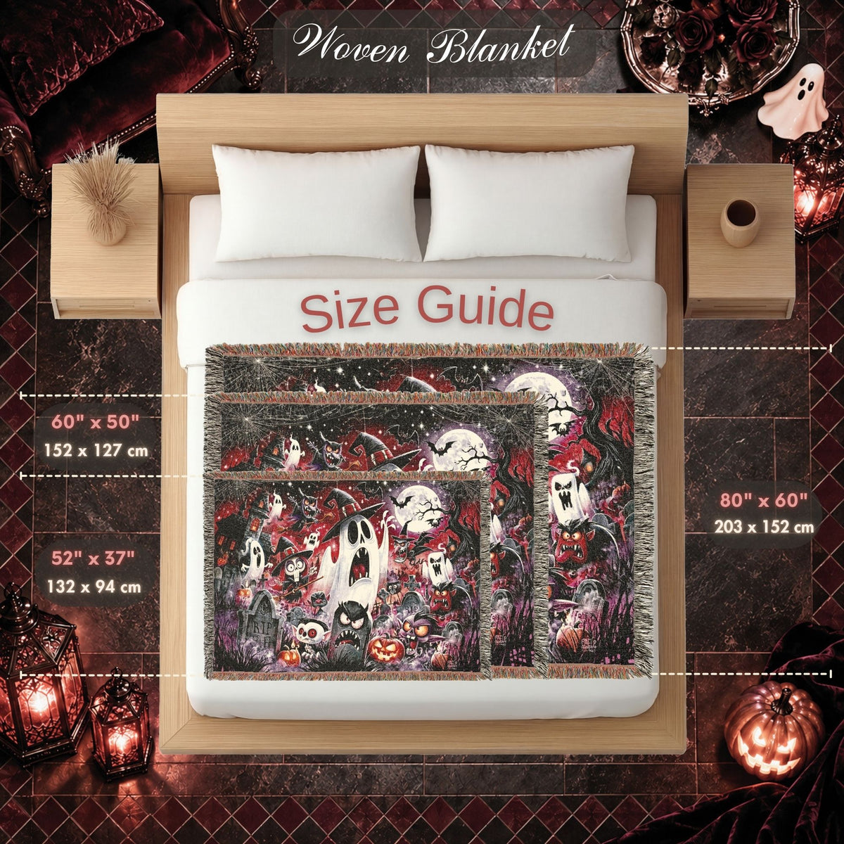 Cartoon Halloween Woven Blanket with Ghosts, Pumpkins and Haunted Graveyard