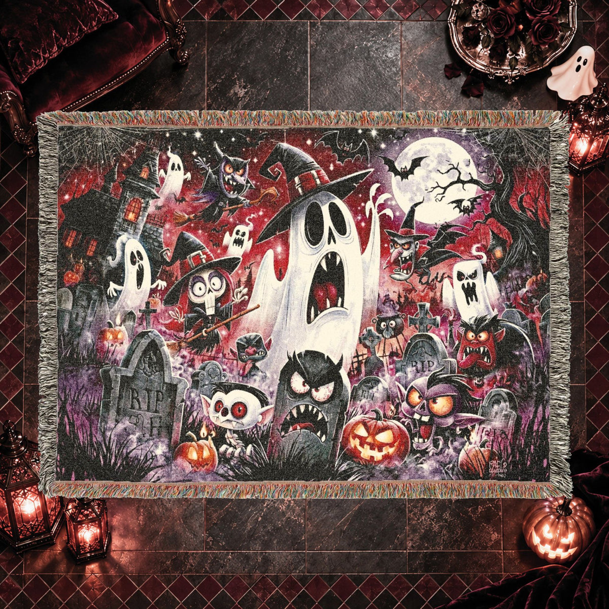 Cartoon Halloween Woven Blanket with Ghosts, Pumpkins and Haunted Graveyard