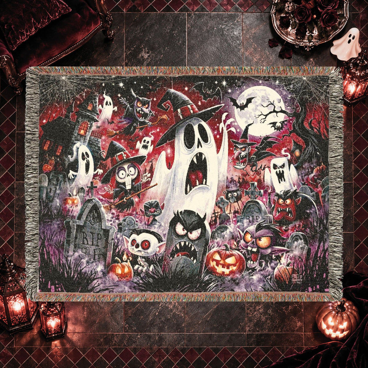 Cartoon Halloween Woven Blanket with Ghosts, Pumpkins and Haunted Graveyard