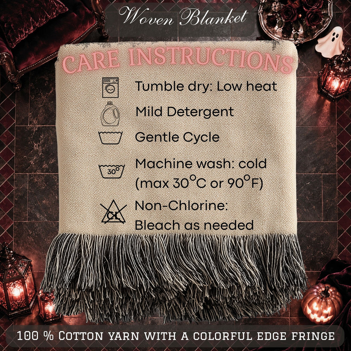 Cartoon Halloween Woven Blanket with Ghosts, Pumpkins and Haunted Graveyard