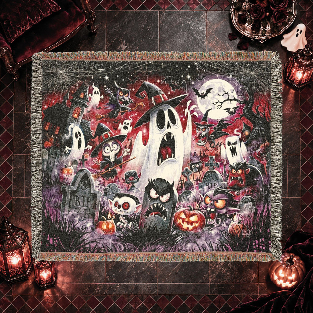 Cartoon Halloween Woven Blanket with Ghosts, Pumpkins and Haunted Graveyard