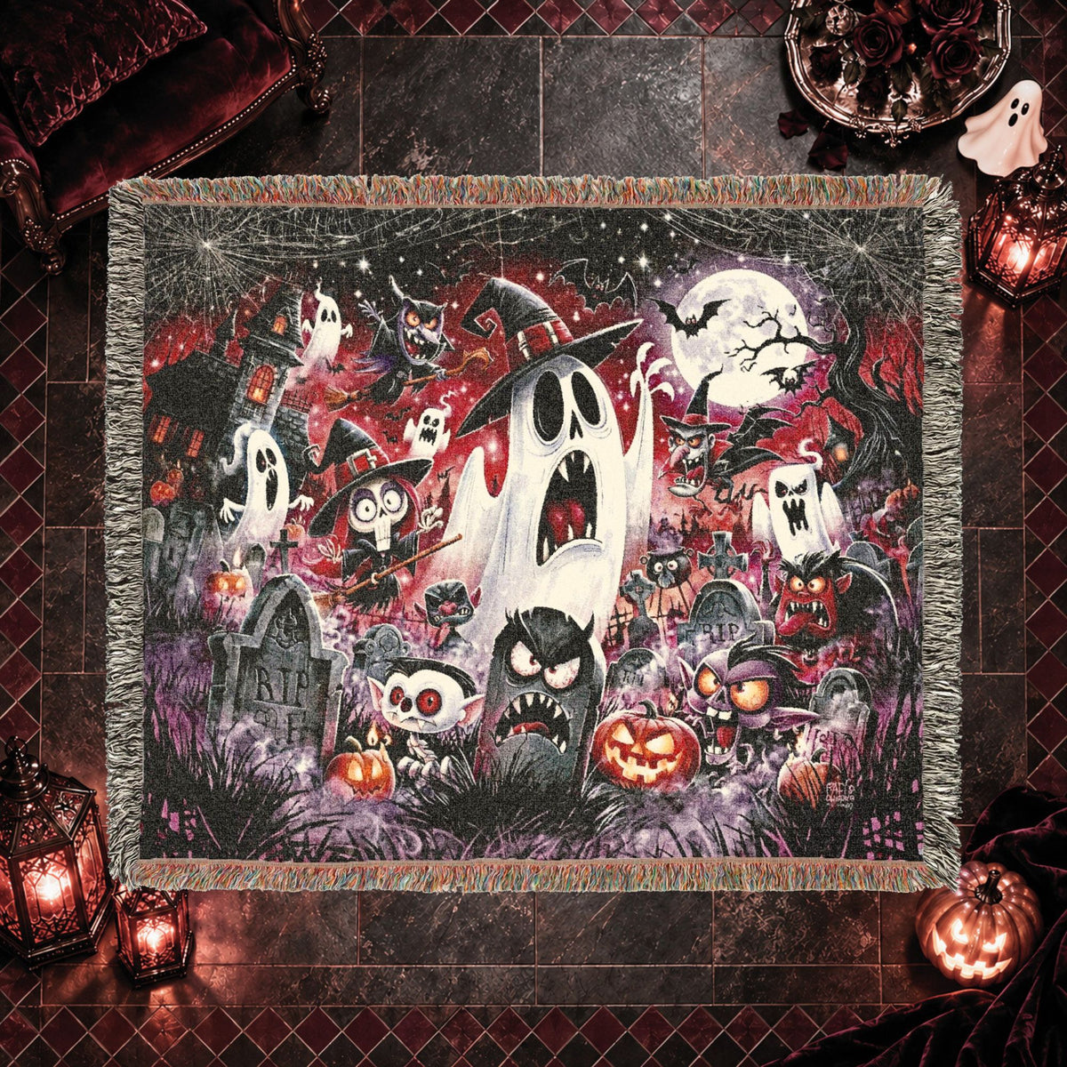 Cartoon Halloween Woven Blanket with Ghosts, Pumpkins and Haunted Graveyard