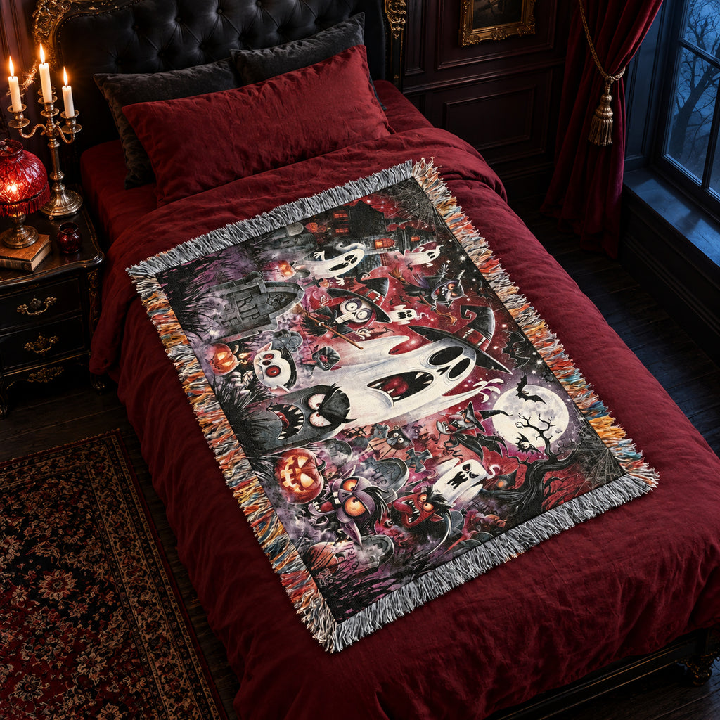 Cartoon Halloween Woven Blanket with Ghosts, Pumpkins and Haunted Graveyard