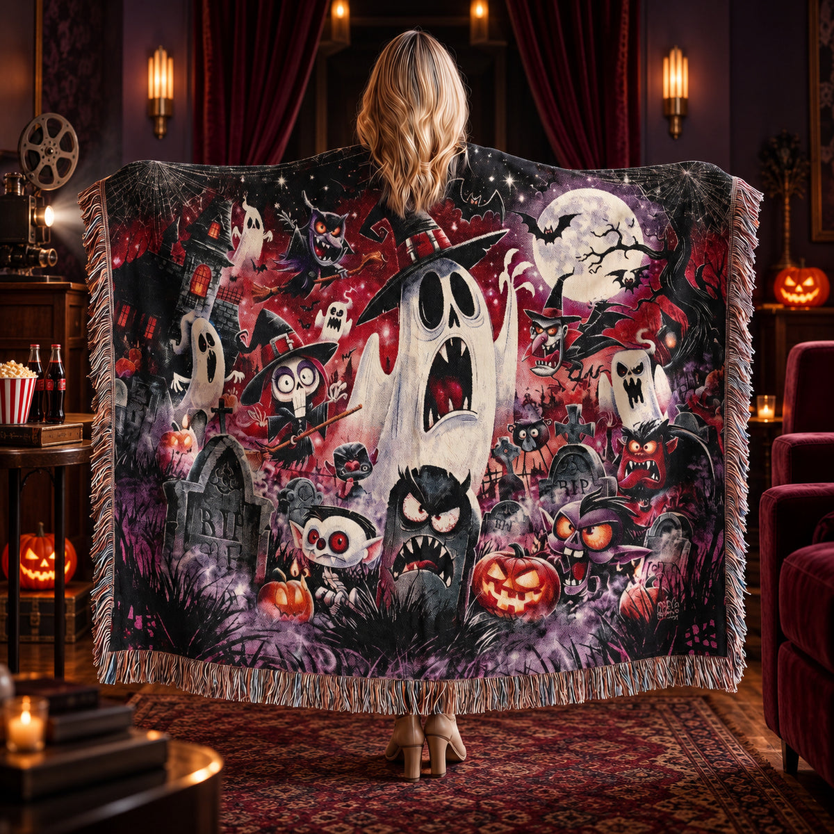 Cartoon Halloween Woven Blanket with Ghosts, Pumpkins and Haunted Graveyard