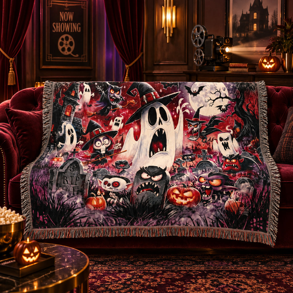 Cartoon Halloween Woven Blanket with Ghosts, Pumpkins and Haunted Graveyard