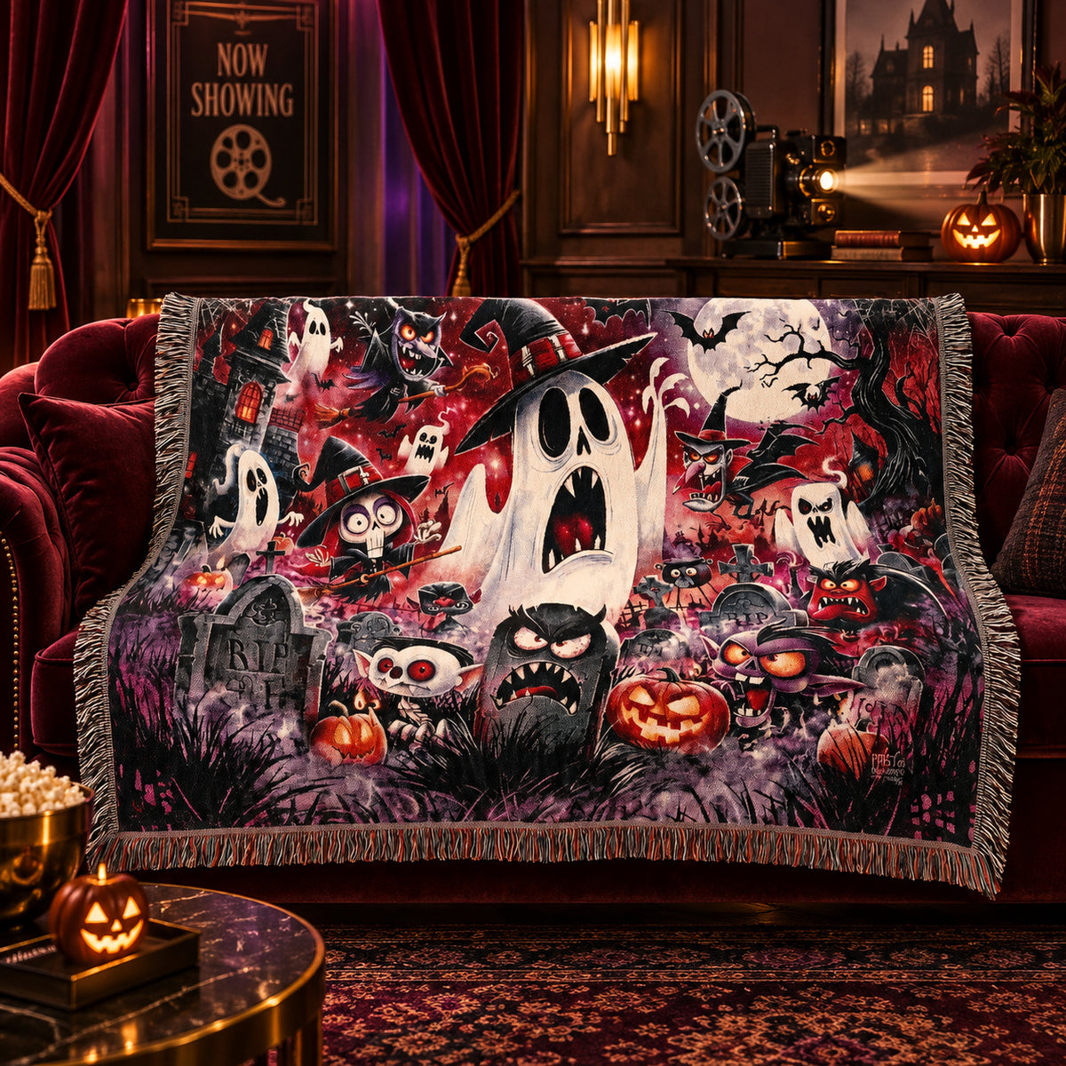 Cartoon Halloween Woven Blanket with Ghosts, Pumpkins and Haunted Graveyard