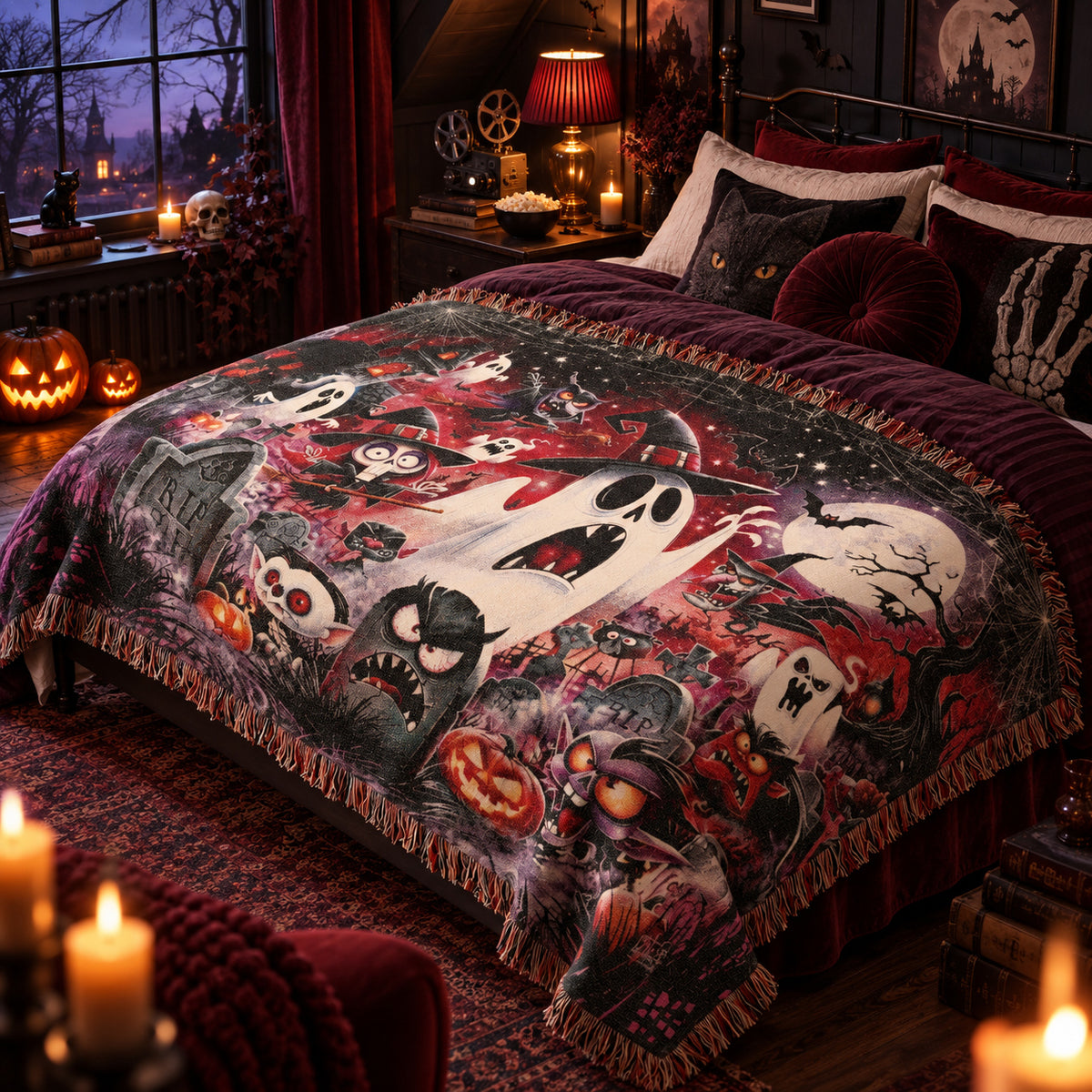 Cartoon Halloween Woven Blanket with Ghosts, Pumpkins and Haunted Graveyard