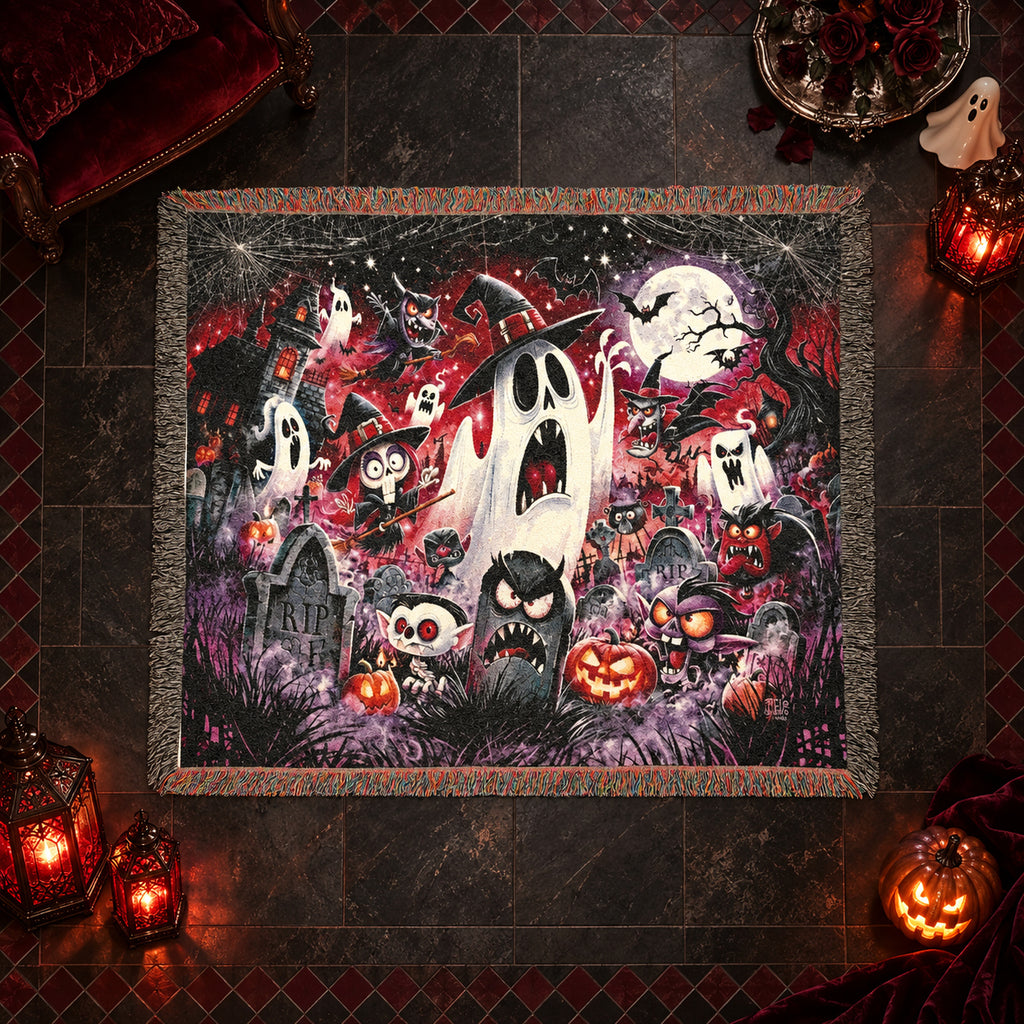 Cartoon Halloween Woven Blanket with Ghosts, Pumpkins and Haunted Graveyard