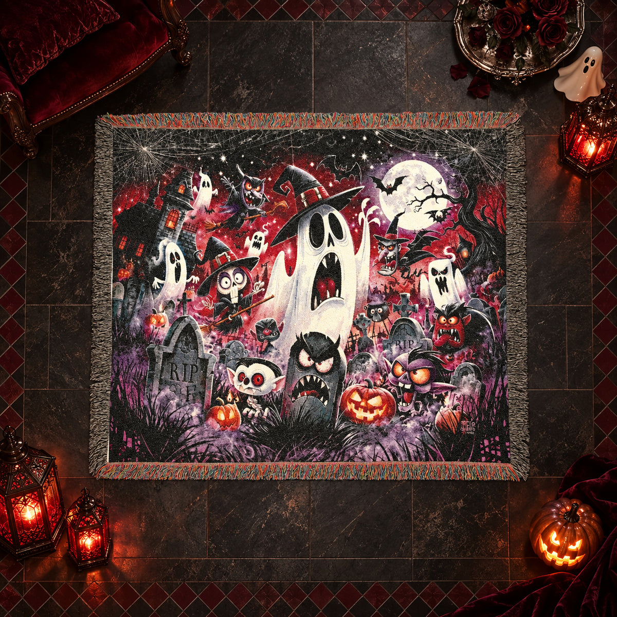 Cartoon Halloween Woven Blanket with Ghosts, Pumpkins and Haunted Graveyard