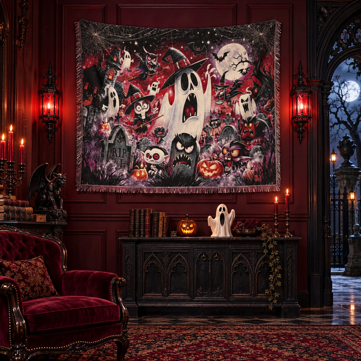 Cartoon Halloween Woven Blanket with Ghosts, Pumpkins and Haunted Graveyard