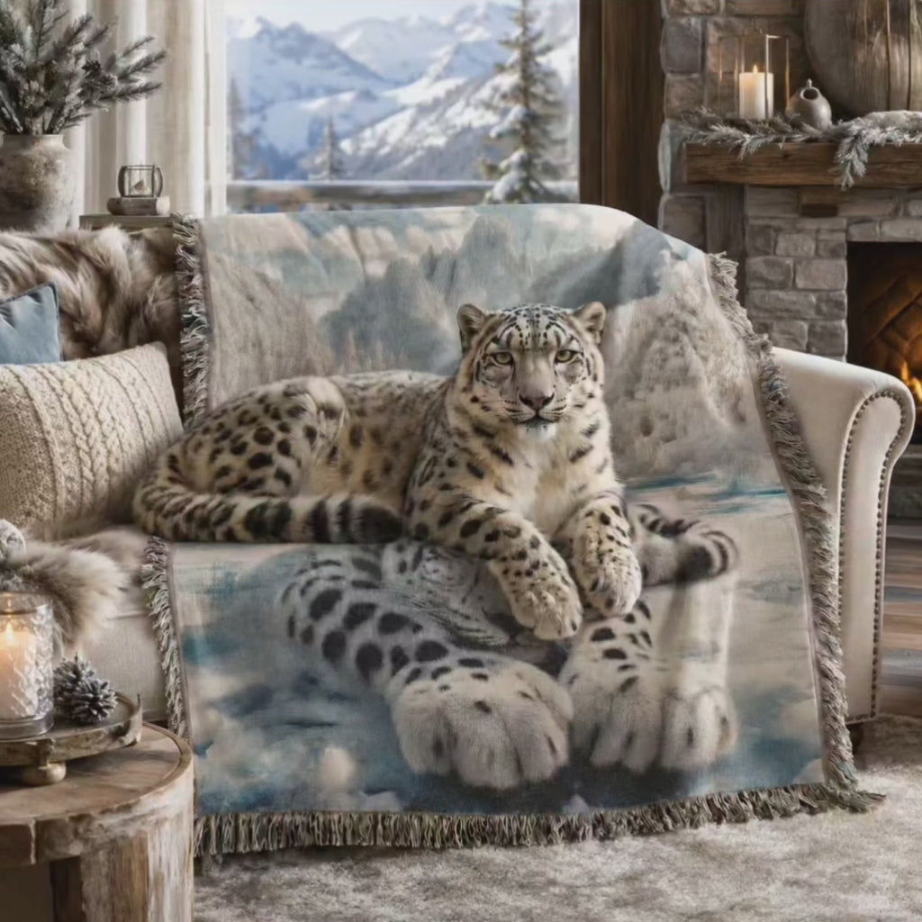 Snow Leopard Mountain Woven Blanket