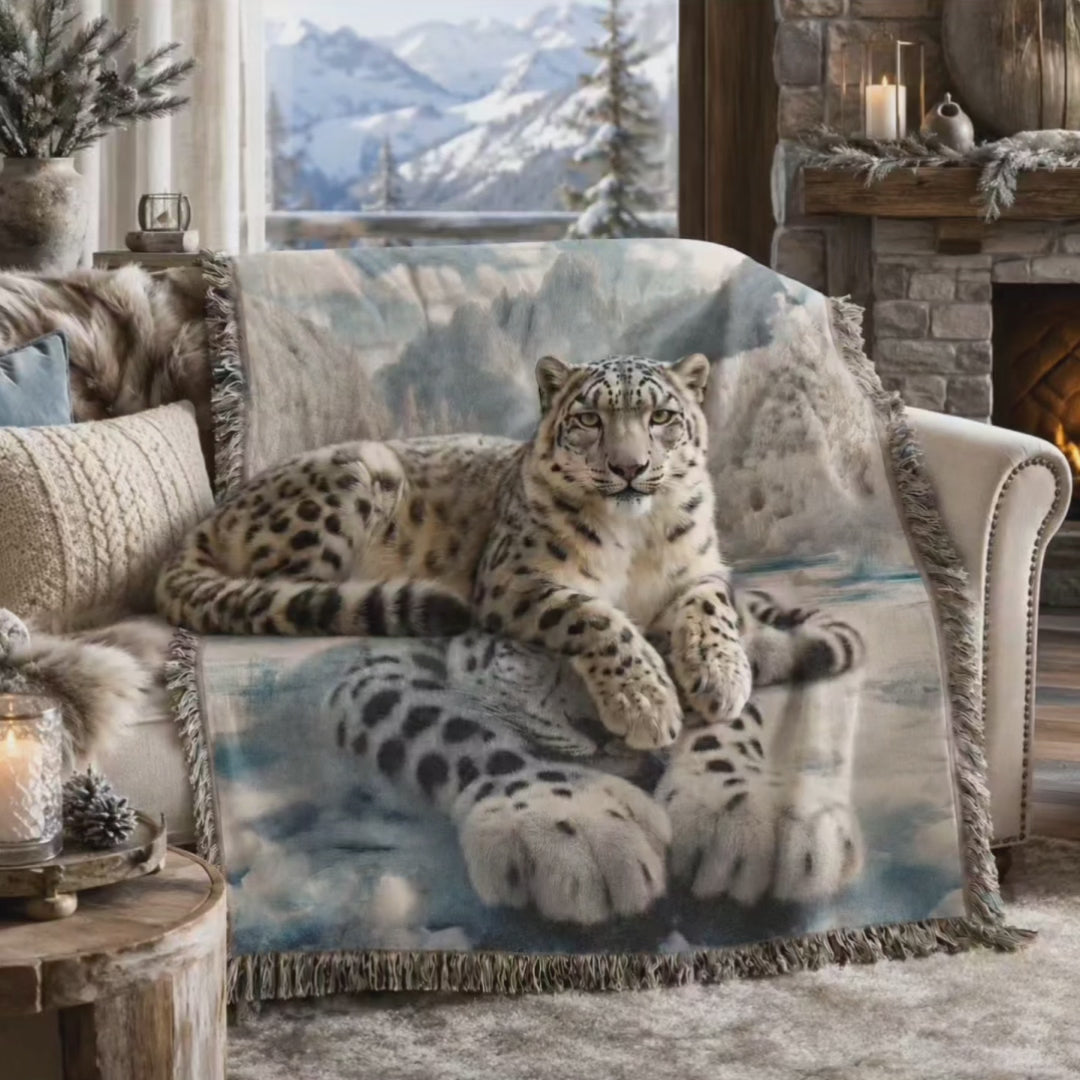 Snow Leopard Mountain Woven Blanket