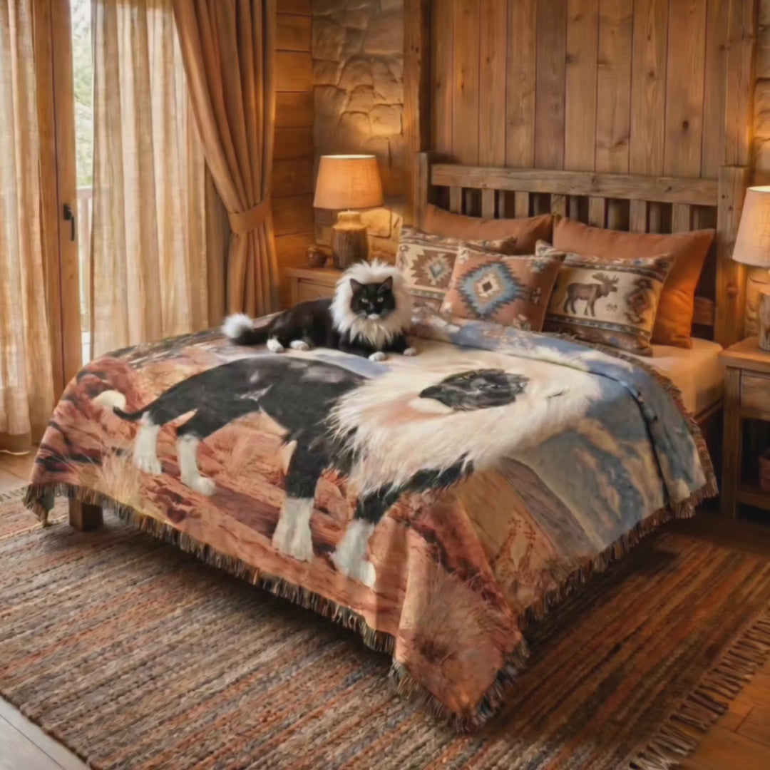 Black Lion Woven Blanket – Gift for Him, Dark Wildlife Throw