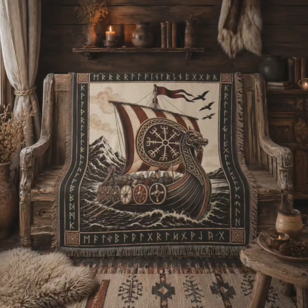 Viking Longship Woven Blanket – Norse Mythology Throw