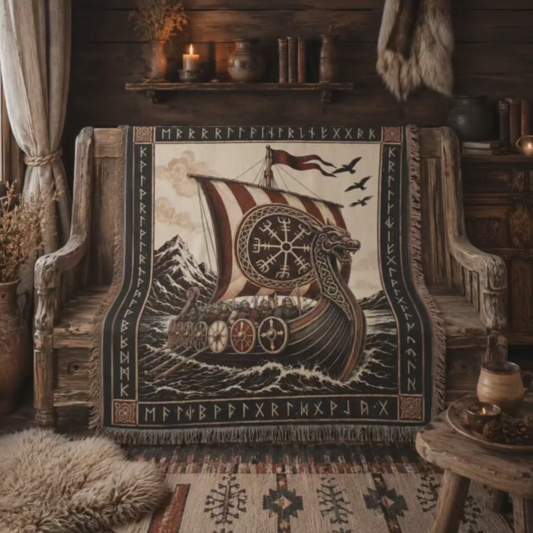 Viking Longship Woven Blanket – Norse Mythology Throw
