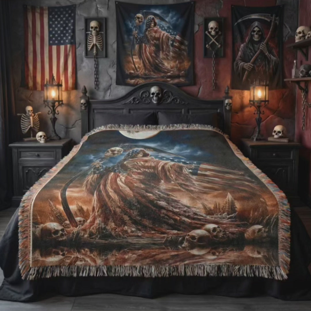Gothic Patriotic Woven Blanket – Dark Americana Reaper Throw