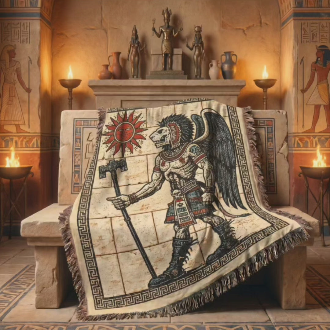 Aztec-Inspired Skeleton Warrior Woven Blanket – Ancient Sun Throw